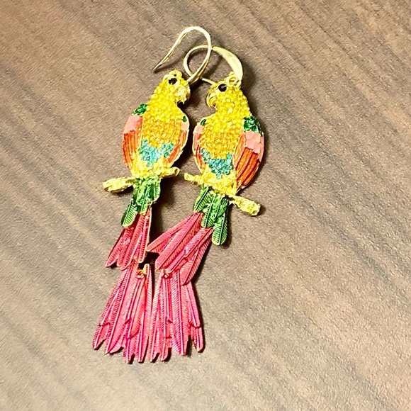 Golden Multicolored Parrots 🦜 on a perch! Earrings - Picture 2 of 6